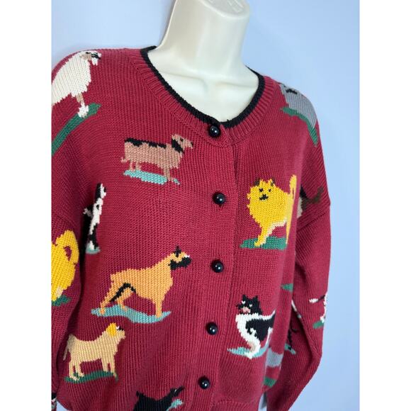 VTG Christine Foley Dogs Knit Cardigan Sweater Women's S (1) Red 90s Dog Pets - Picture 3 of 13